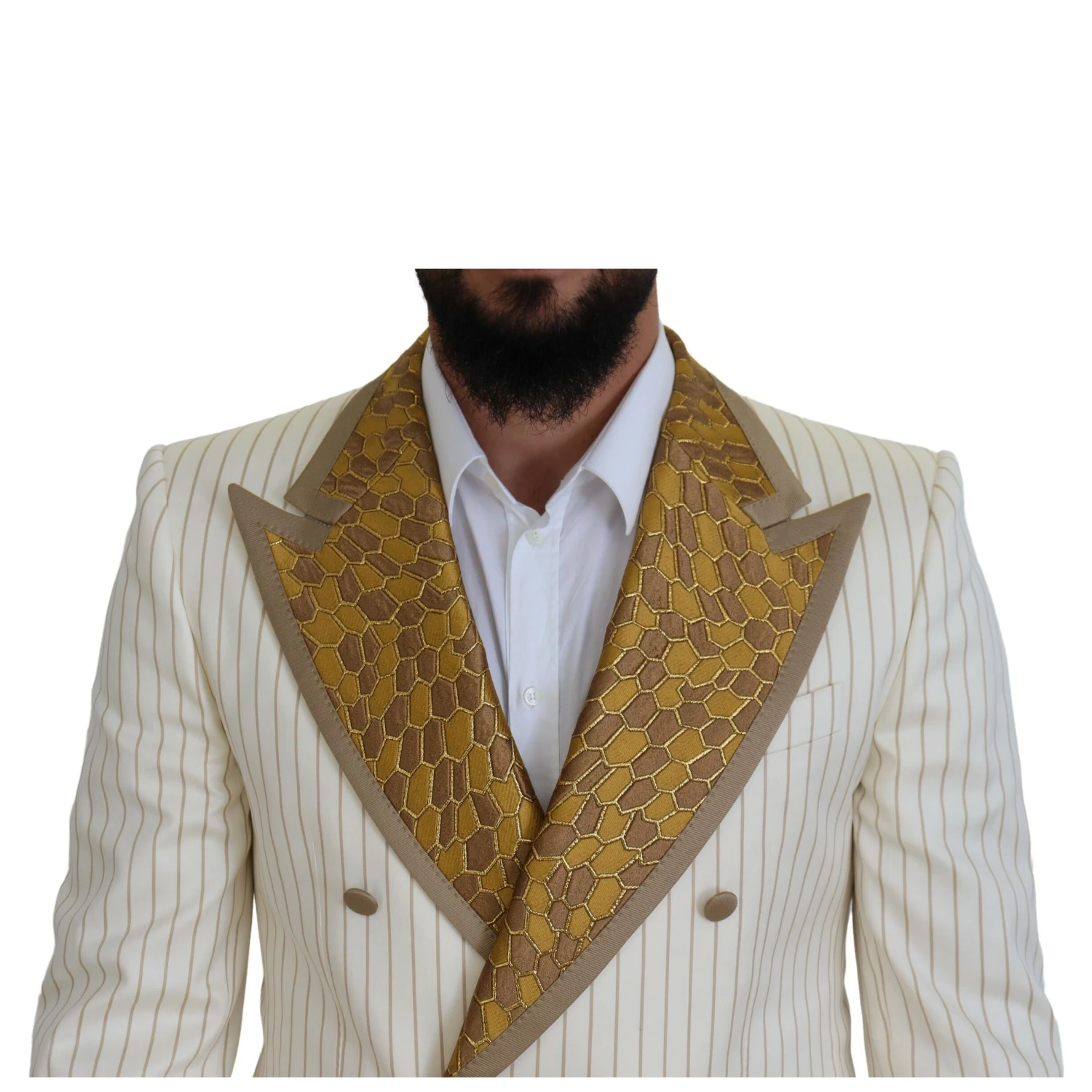 Off White Gold Striped Tuxedo Slim Fit Suit