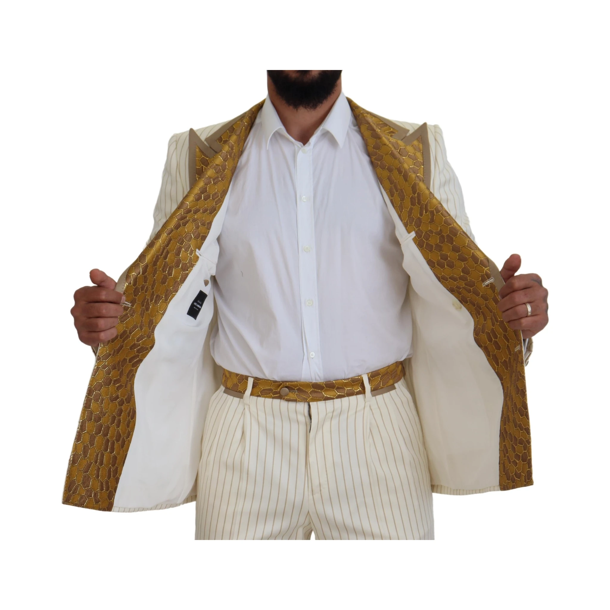 Off White Gold Striped Tuxedo Slim Fit Suit