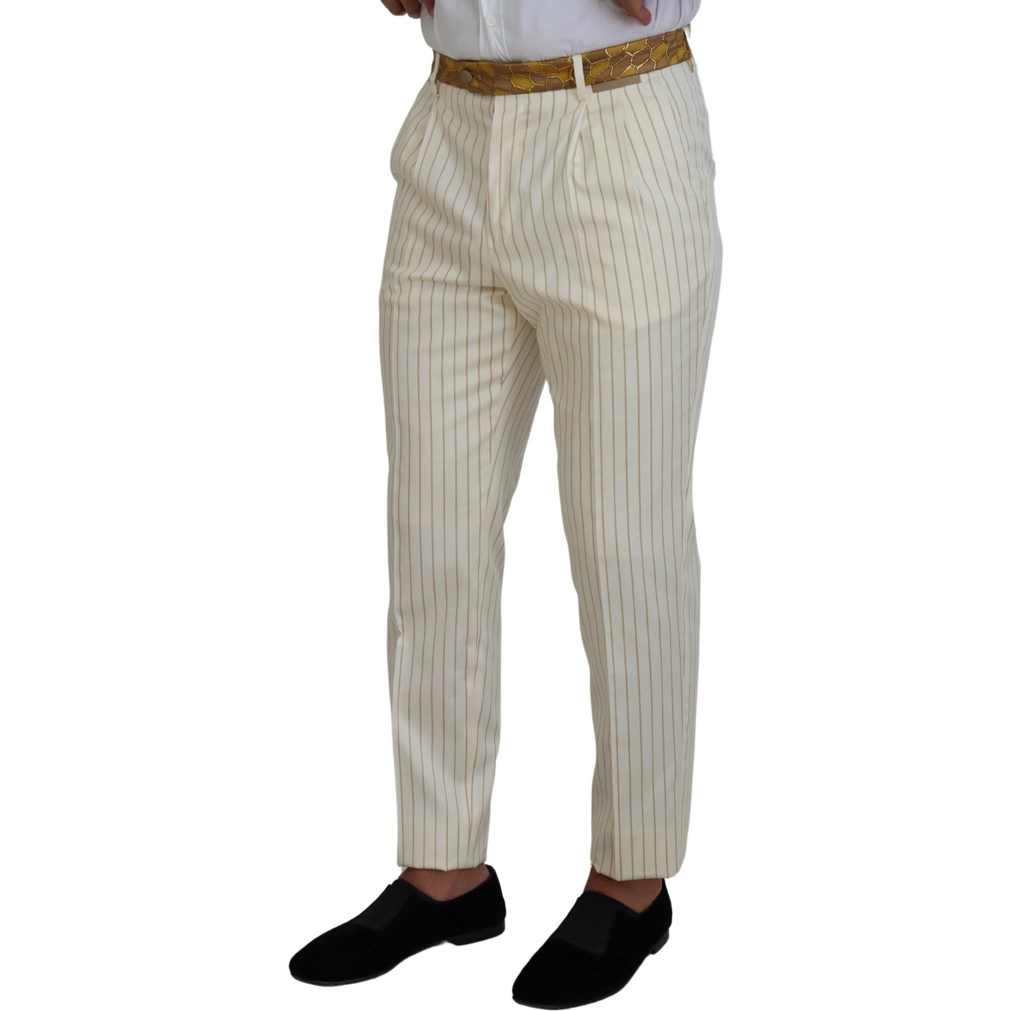 Off White Gold Striped Tuxedo Slim Fit Suit