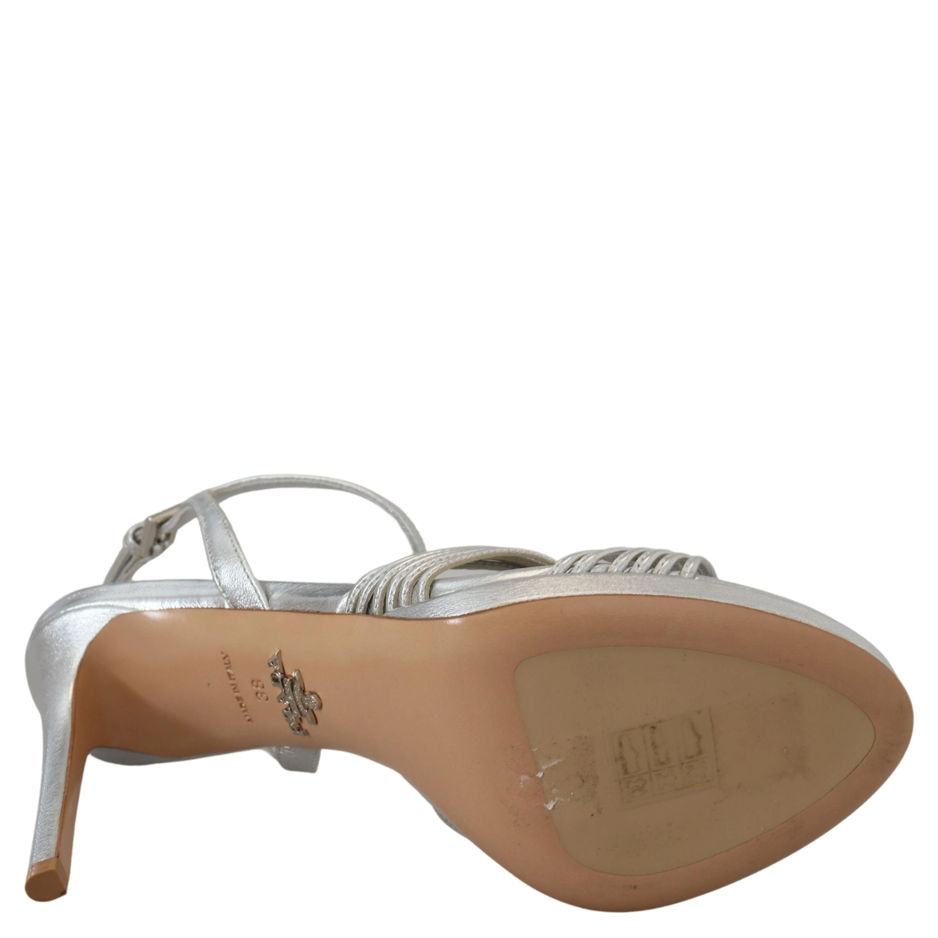 Silver Leather Sandals Ankle Strap Heels Stiletto