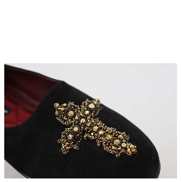 Black Suede Gold Cross Slip On Loafers Shoes