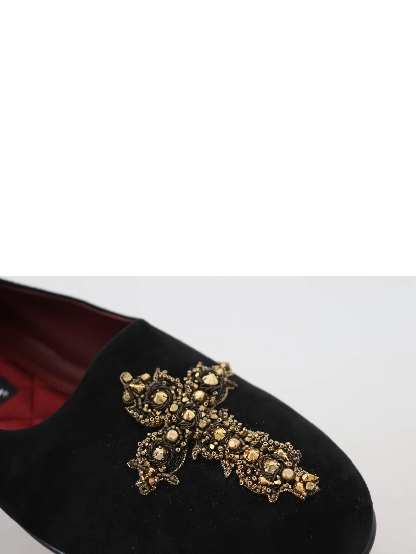 Black Suede Gold Cross Slip On Loafers Shoes