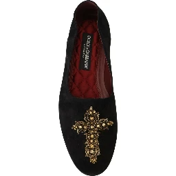 Black Suede Gold Cross Slip On Loafers Shoes