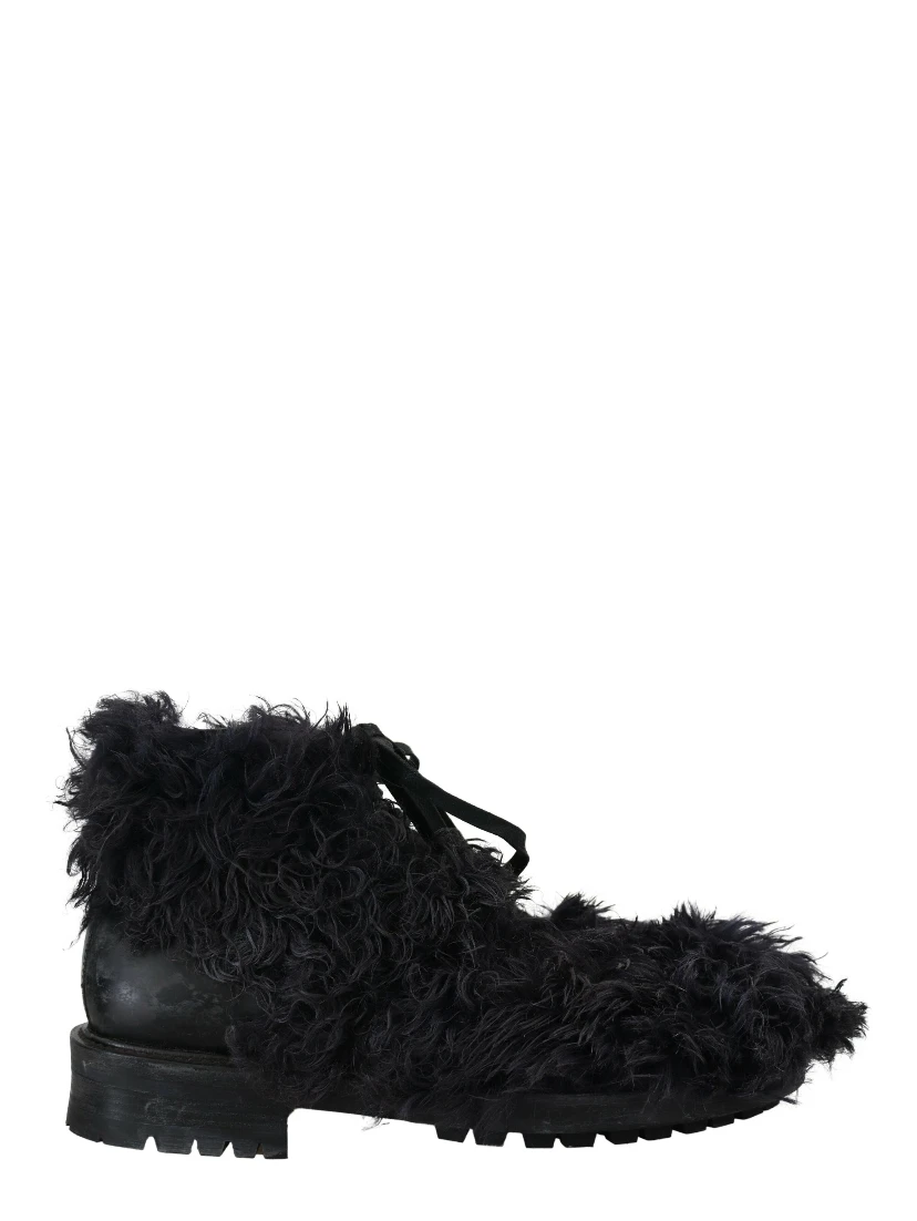 Black Leather Combat Shearling Boots Shoes