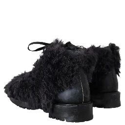 Black Leather Combat Shearling Boots Shoes