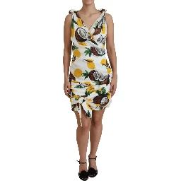 White Coconut Print Sheath Mini Silk Dress