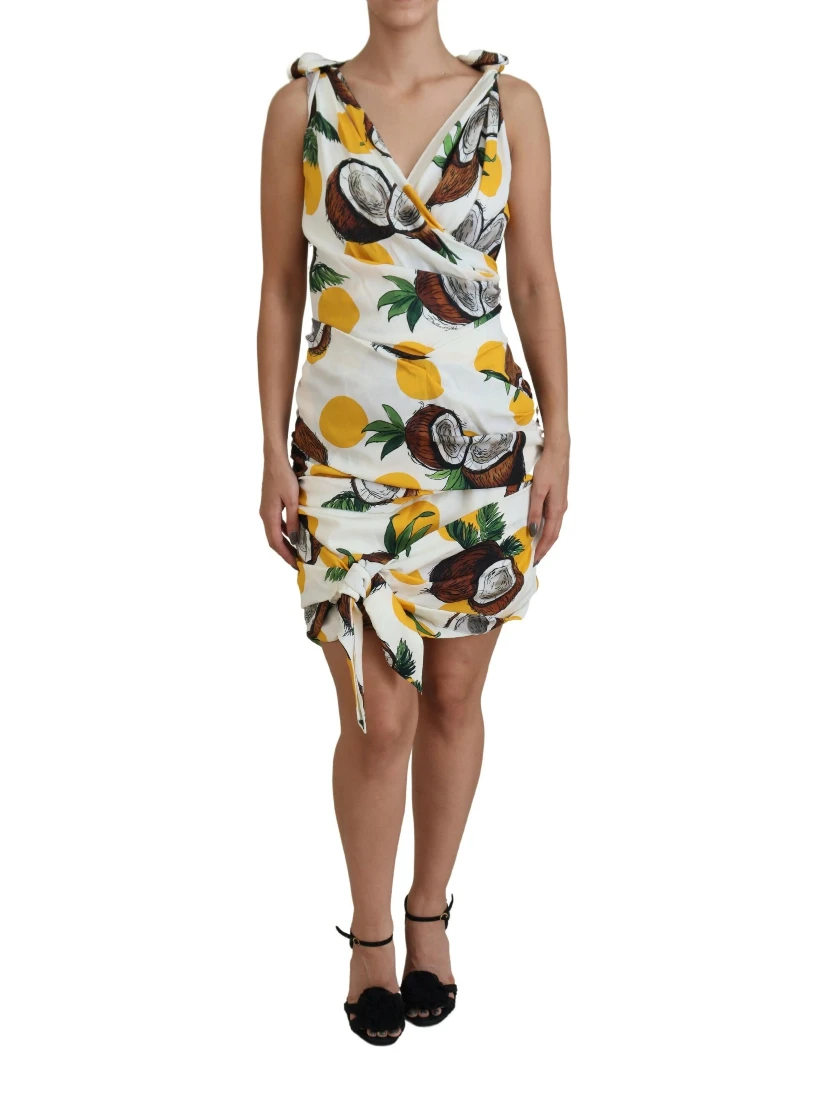White Coconut Print Sheath Mini Silk Dress