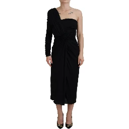 Black Wrap Sheath One Shoulder Wool Dress