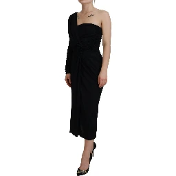 Black Wrap Sheath One Shoulder Wool Dress