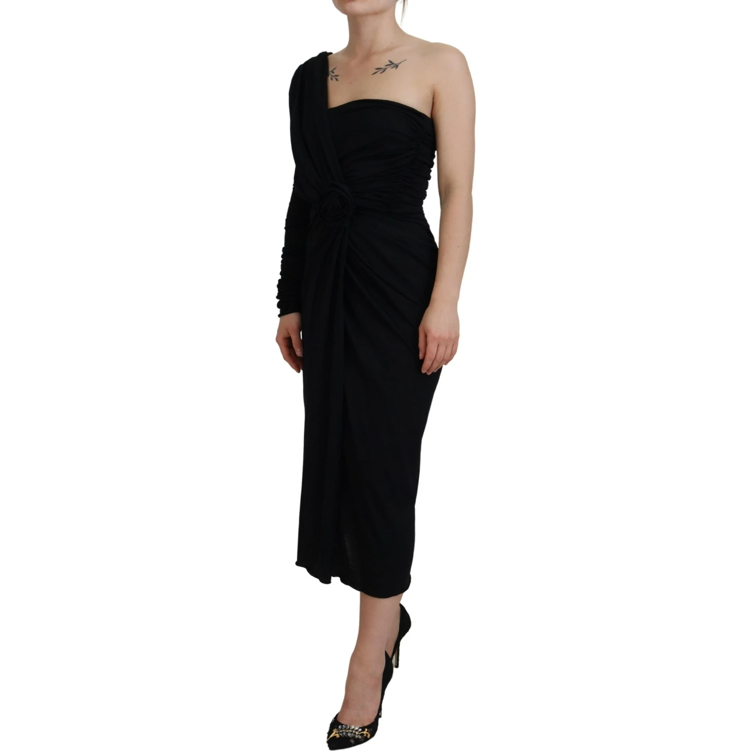 Black Wrap Sheath One Shoulder Wool Dress