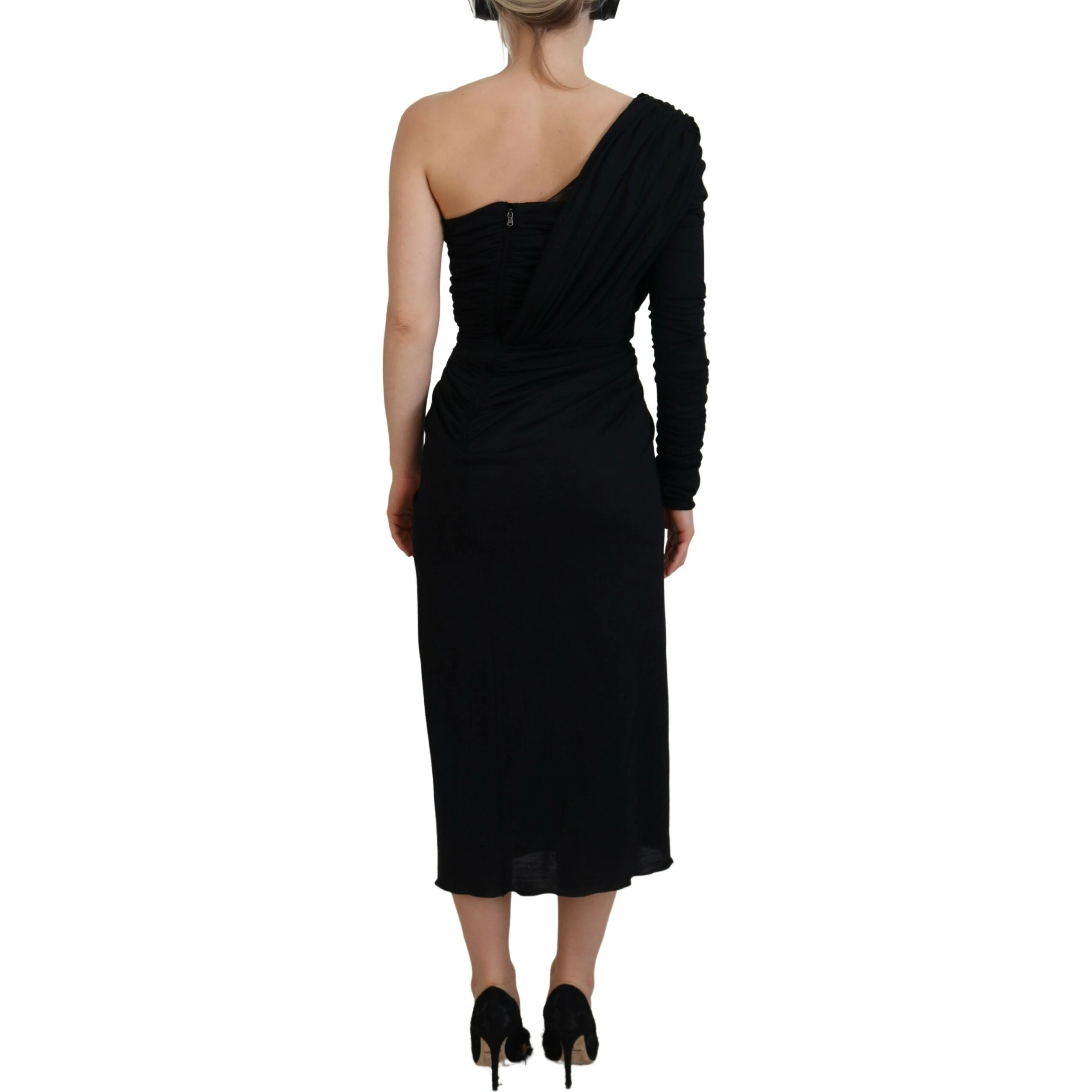 Black Wrap Sheath One Shoulder Wool Dress