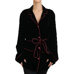 Black Button Belted Blazer Viscose Jacket