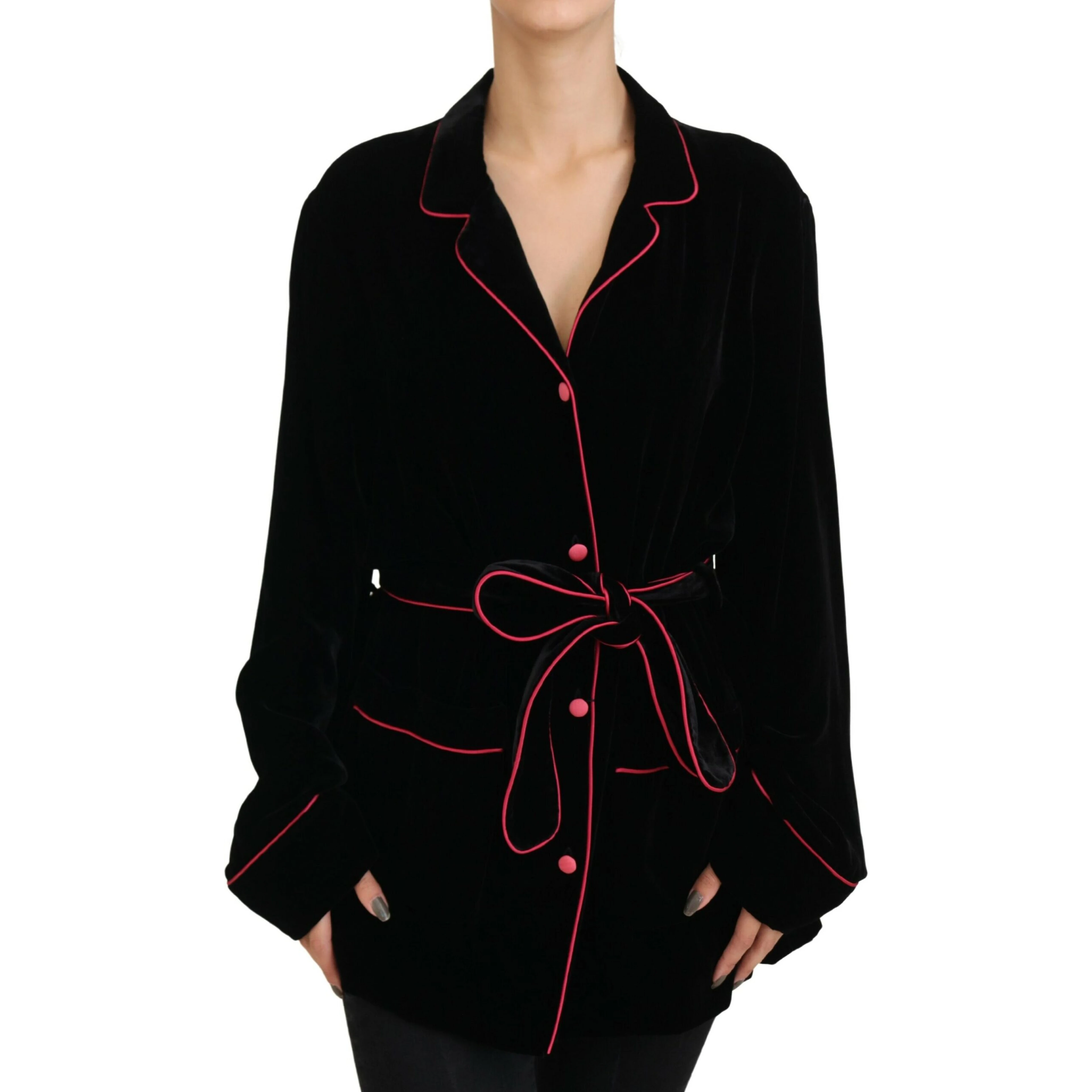 Black Button Belted Blazer Viscose Jacket