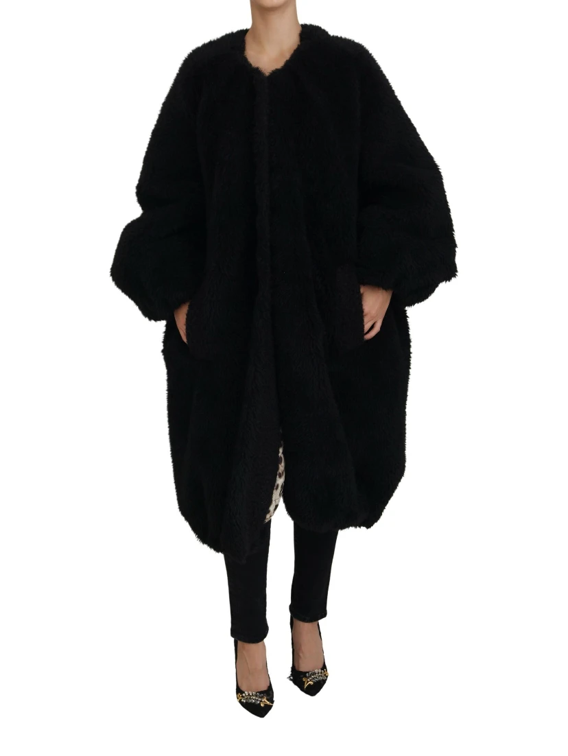Black Cashmere Blend Faux Fur Coat Jacket