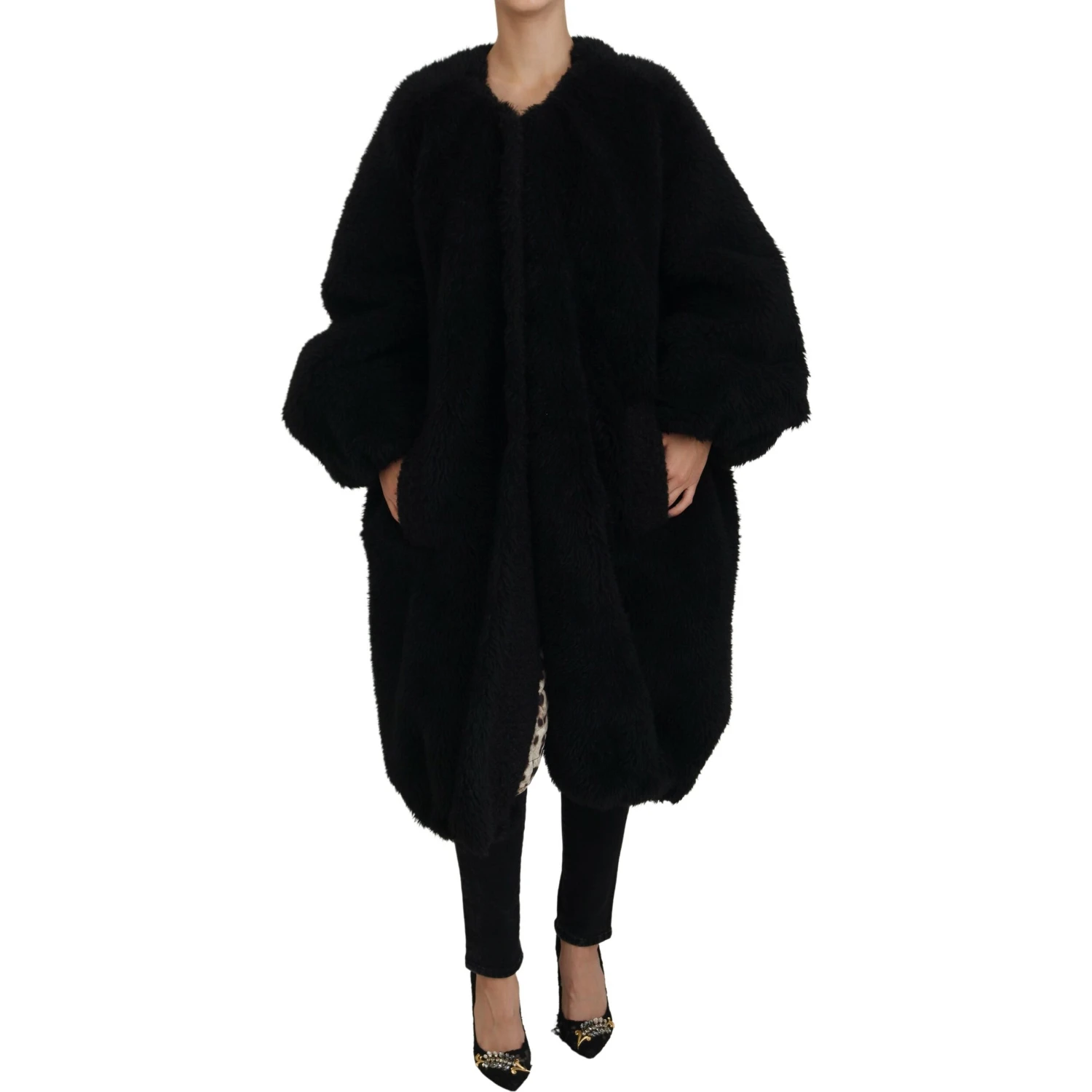 Black Cashmere Blend Faux Fur Coat Jacket