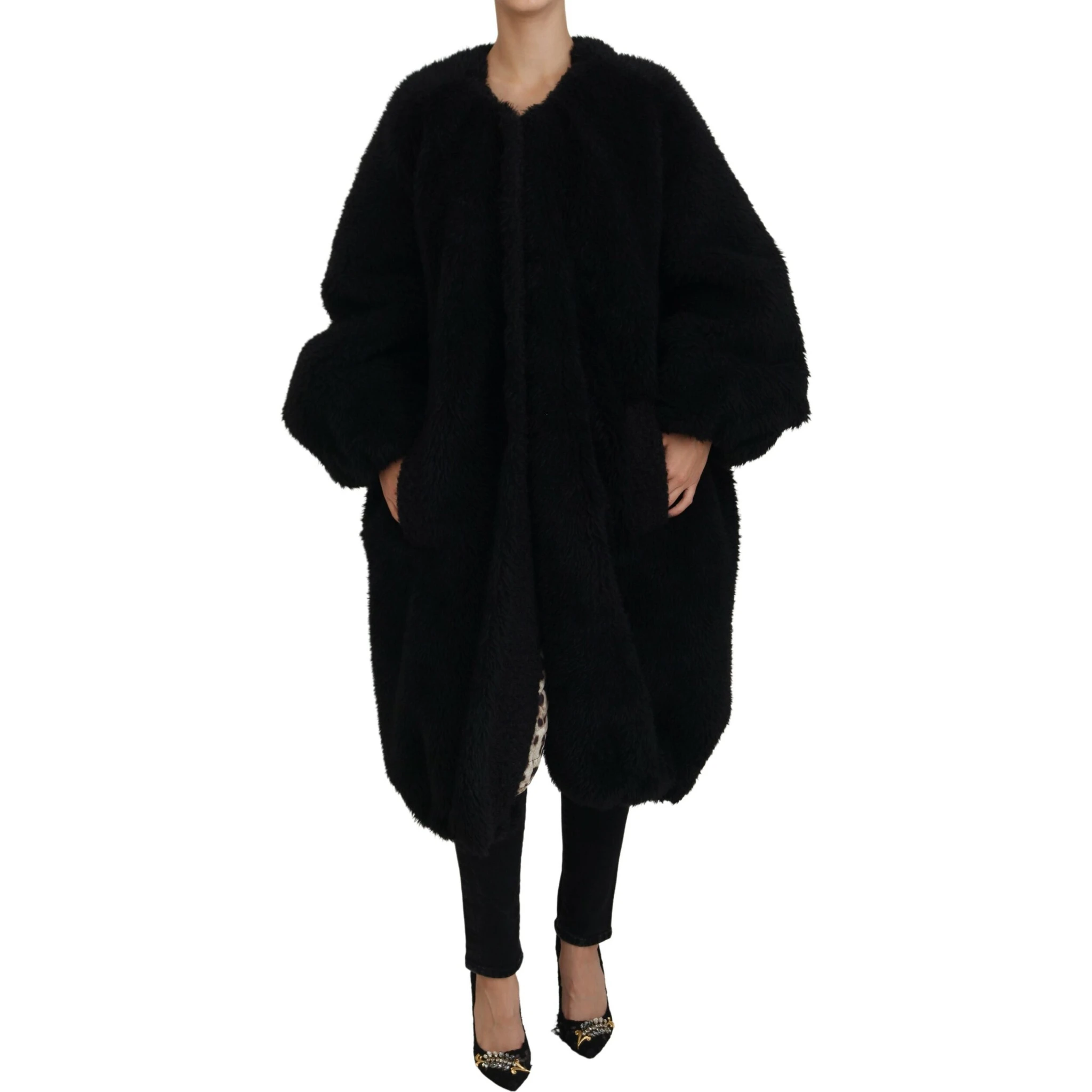 Black Cashmere Blend Faux Fur Coat Jacket
