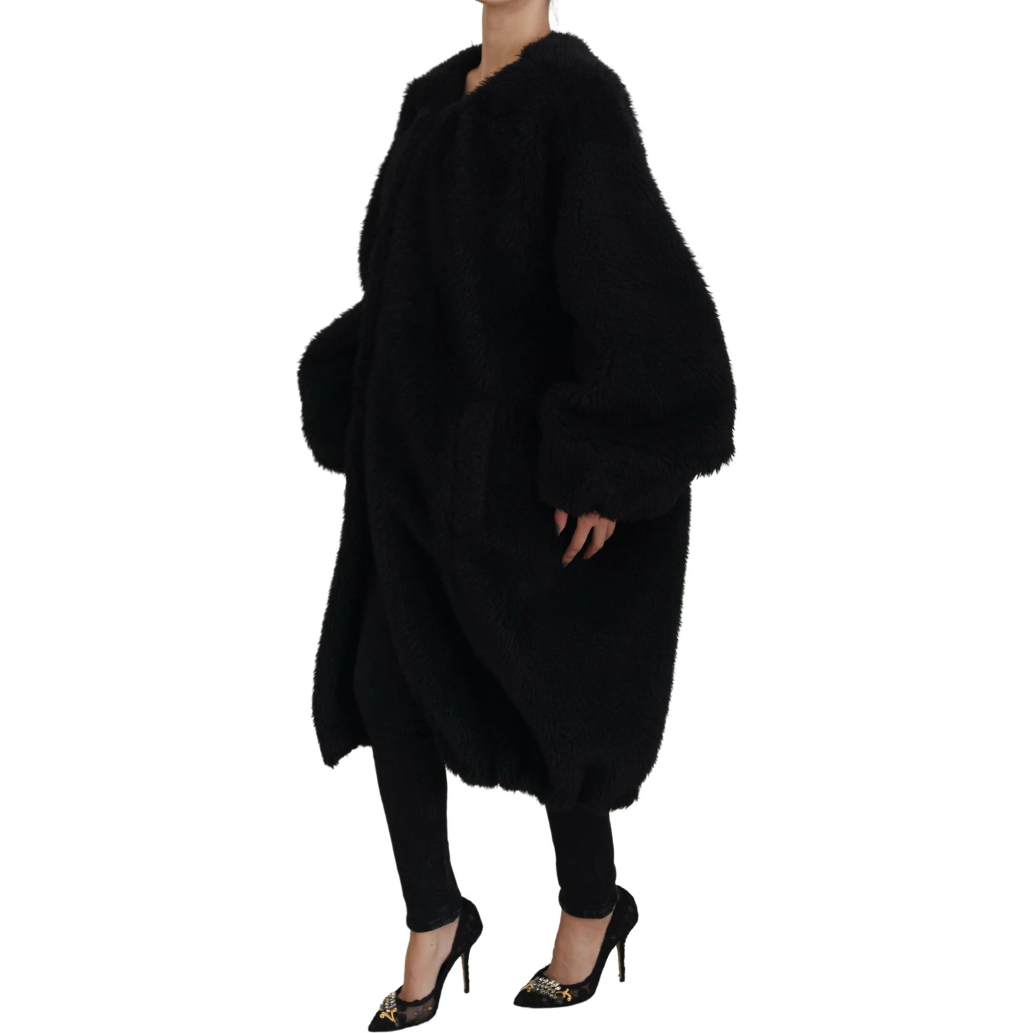 Black Cashmere Blend Faux Fur Coat Jacket