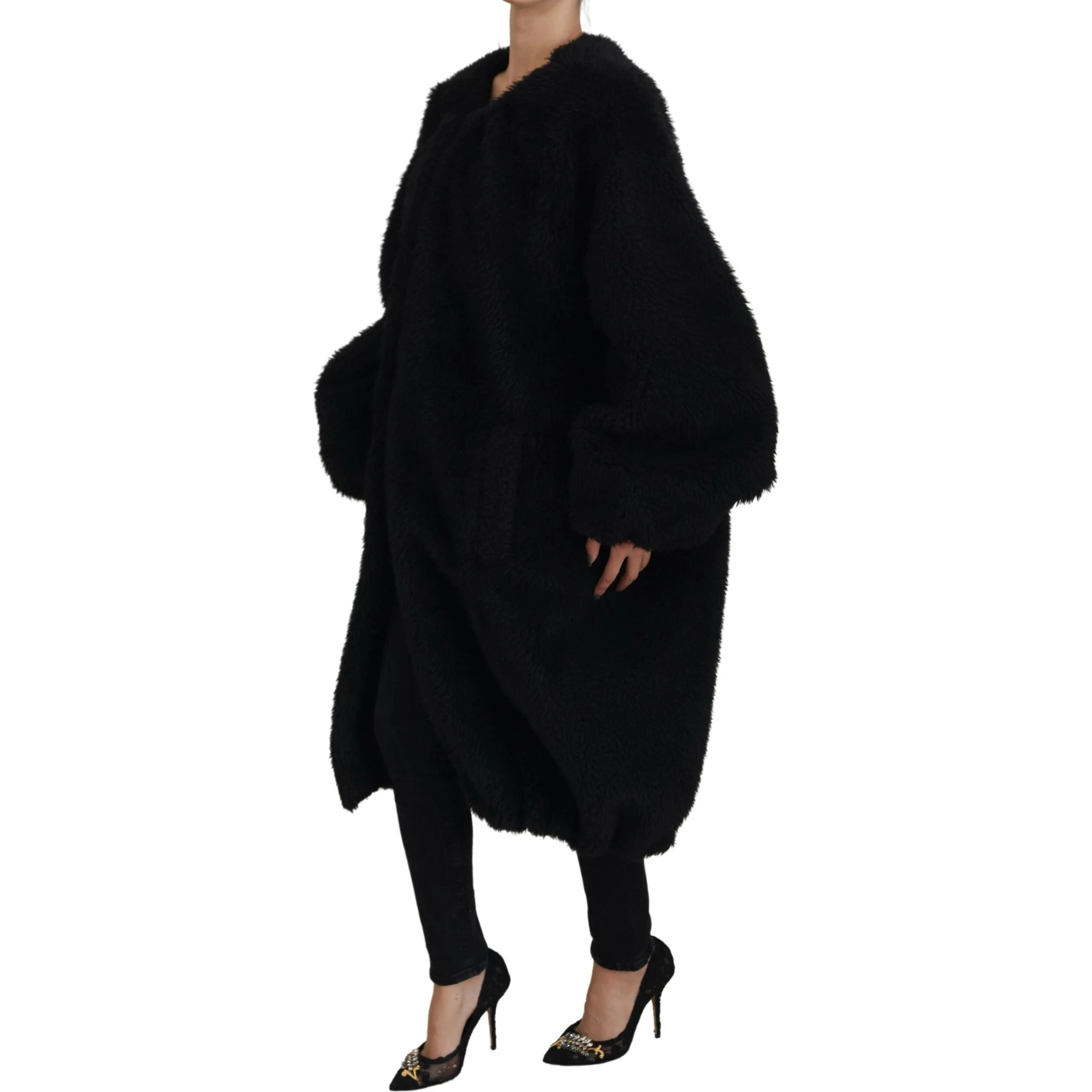 Black Cashmere Blend Faux Fur Coat Jacket