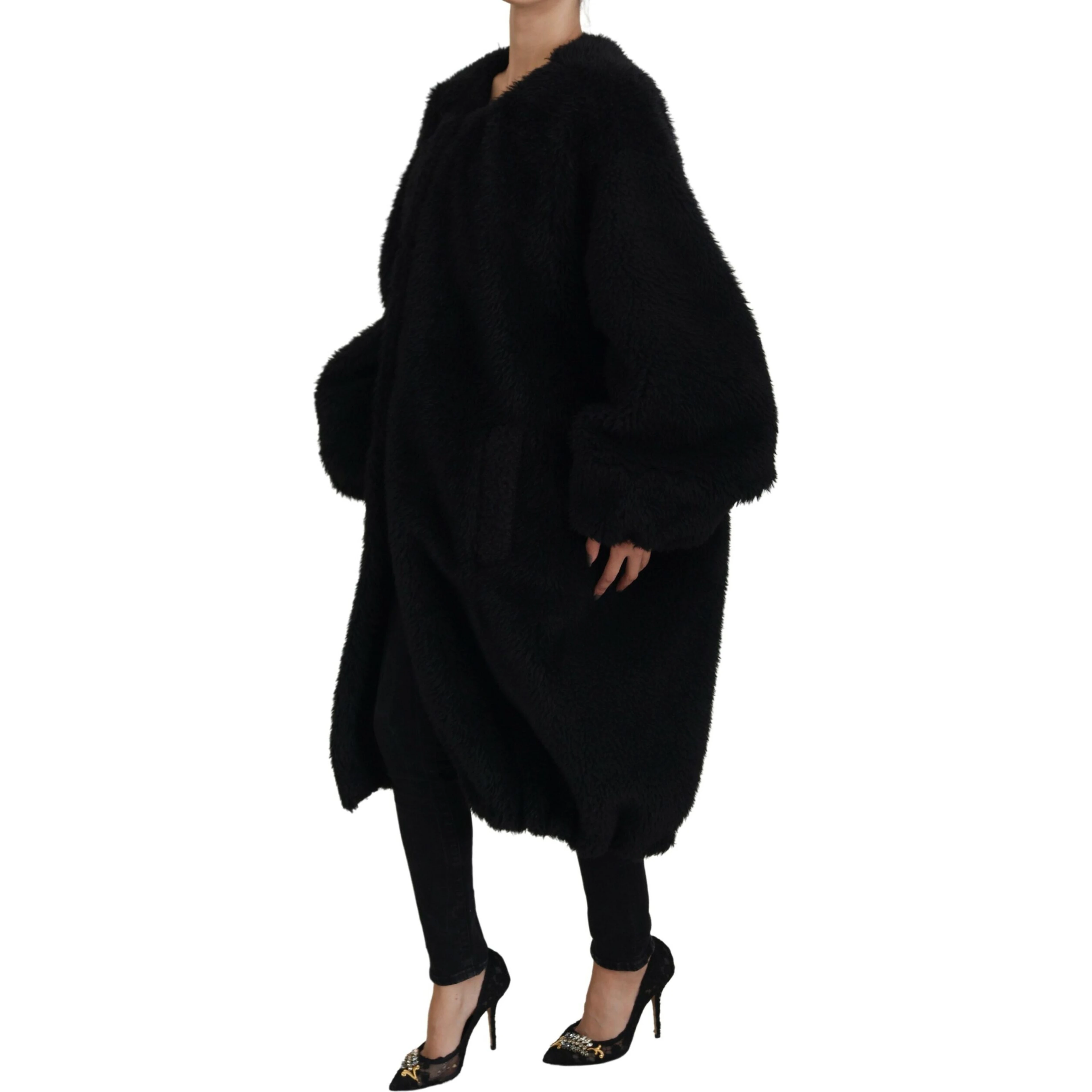Black Cashmere Blend Faux Fur Coat Jacket