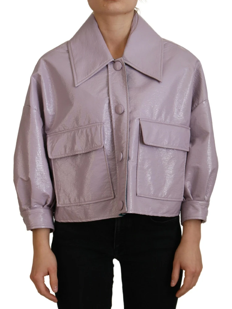 Purple Cotton Button Down Cropped Jacket