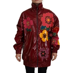Maroon Floral Full Zip Polyester Women Jacket