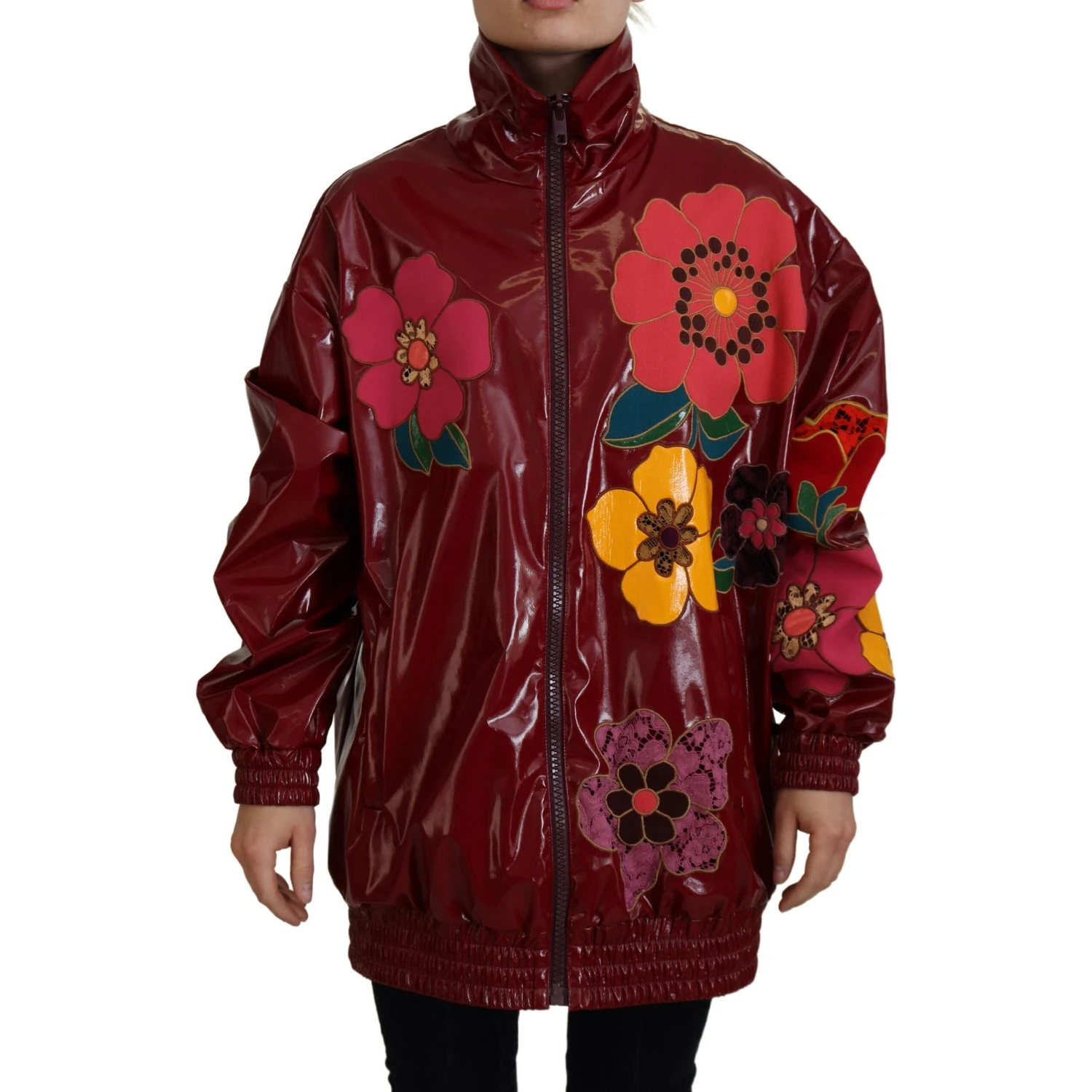 Maroon Floral Full Zip Polyester Women Jacket