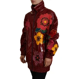 Maroon Floral Full Zip Polyester Women Jacket