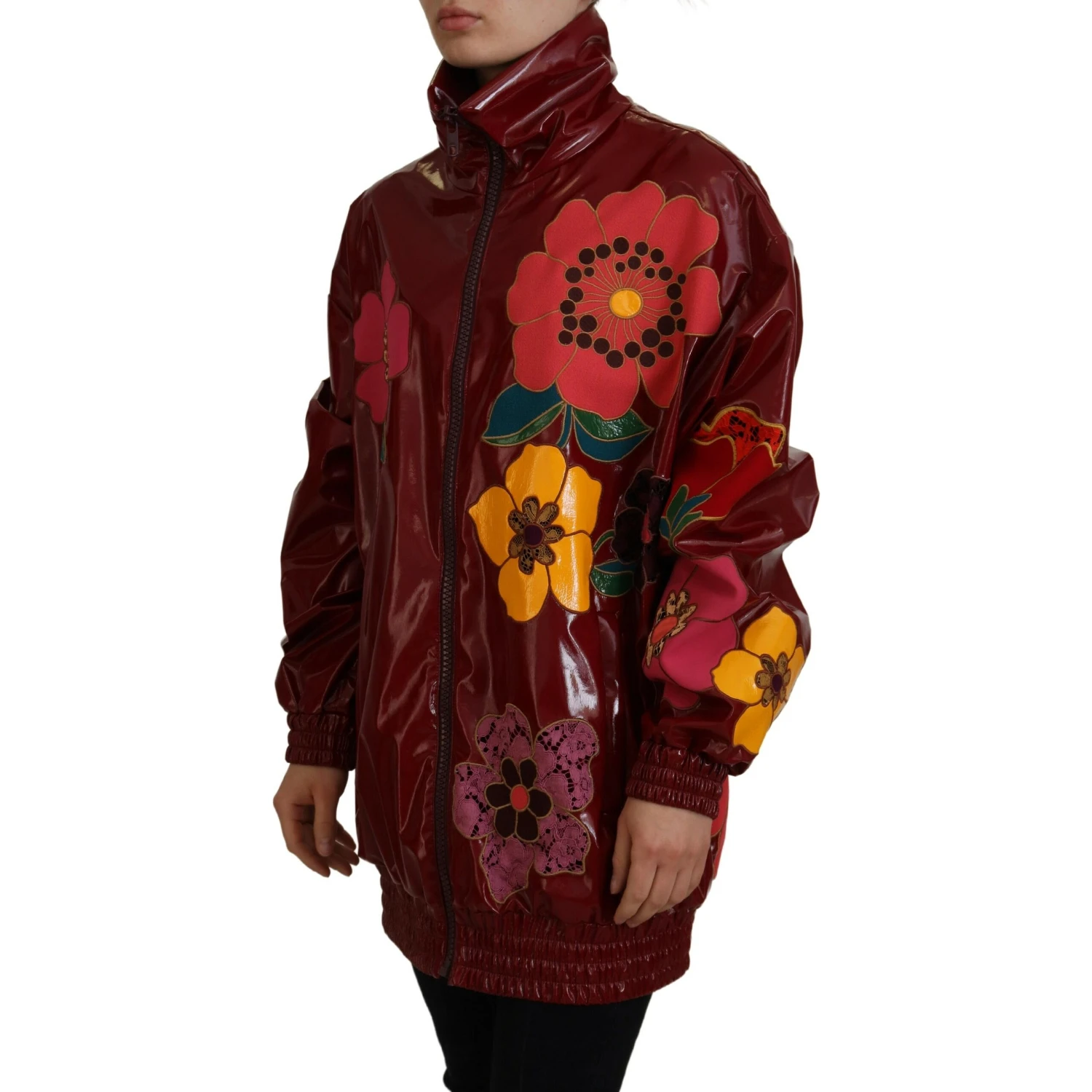 Maroon Floral Full Zip Polyester Women Jacket