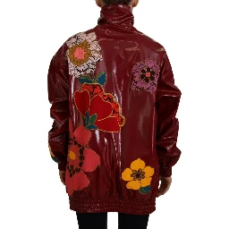 Maroon Floral Full Zip Polyester Women Jacket