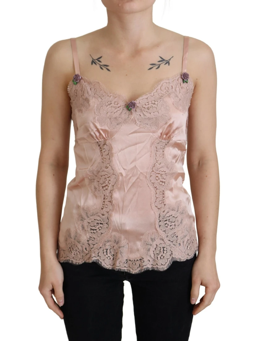 Pink Satin Lace Roses Tank Top Lingerie