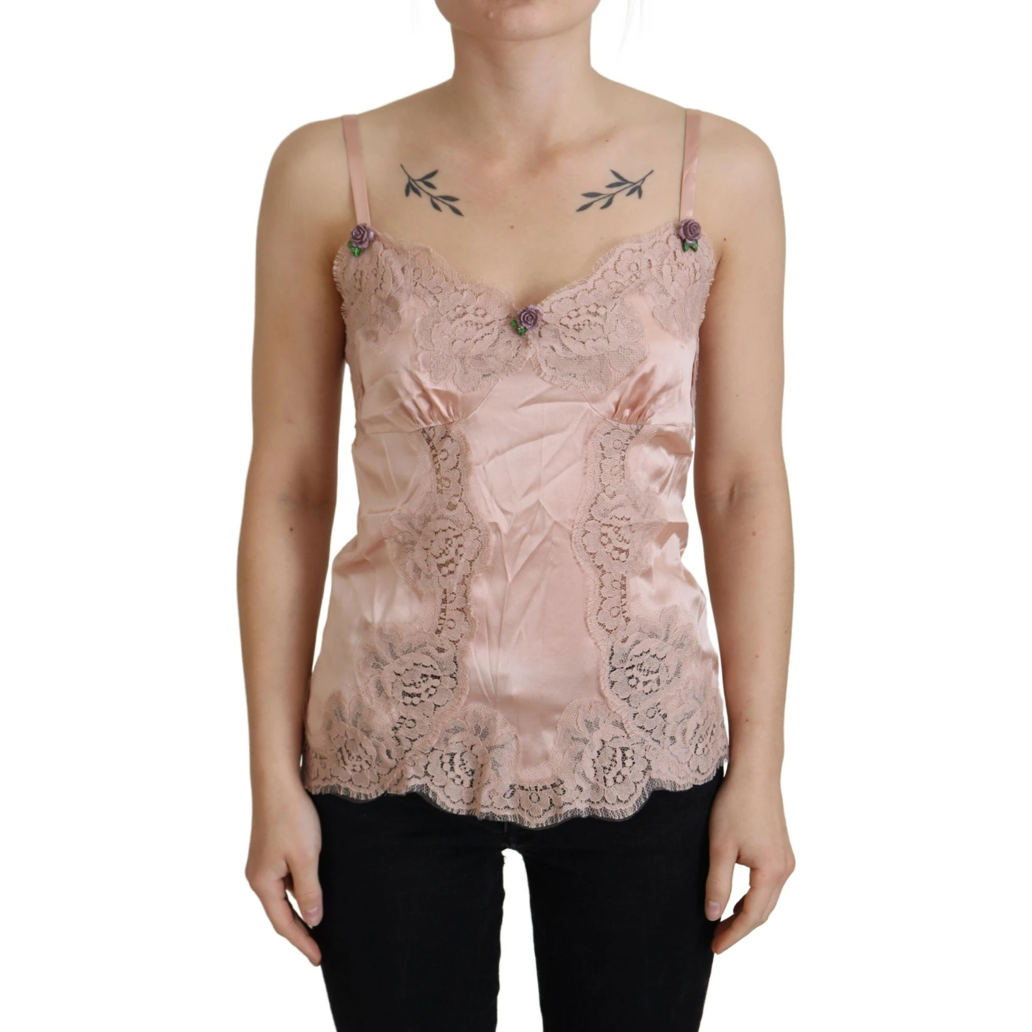 Pink Satin Lace Roses Tank Top Lingerie