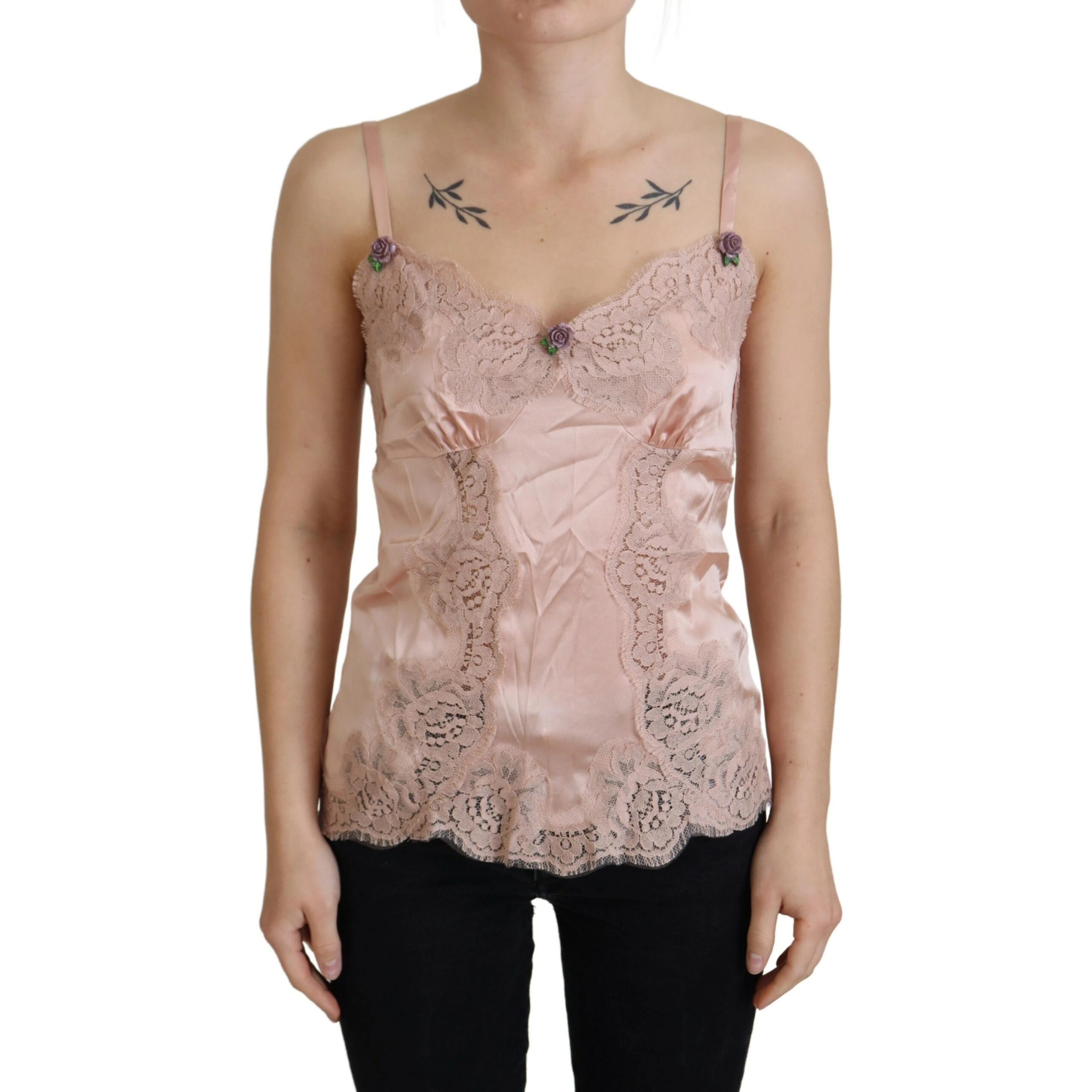 Pink Satin Lace Roses Tank Top Lingerie