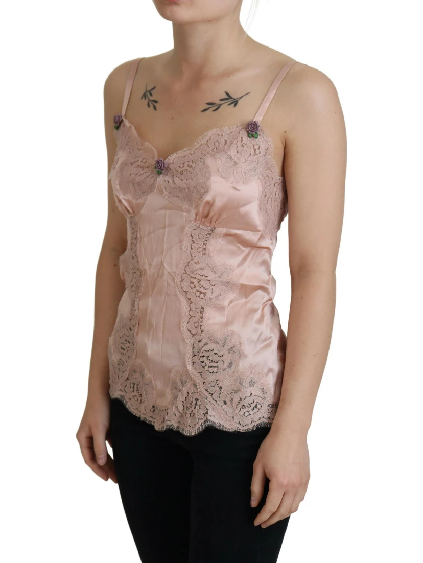 Pink Satin Lace Roses Tank Top Lingerie