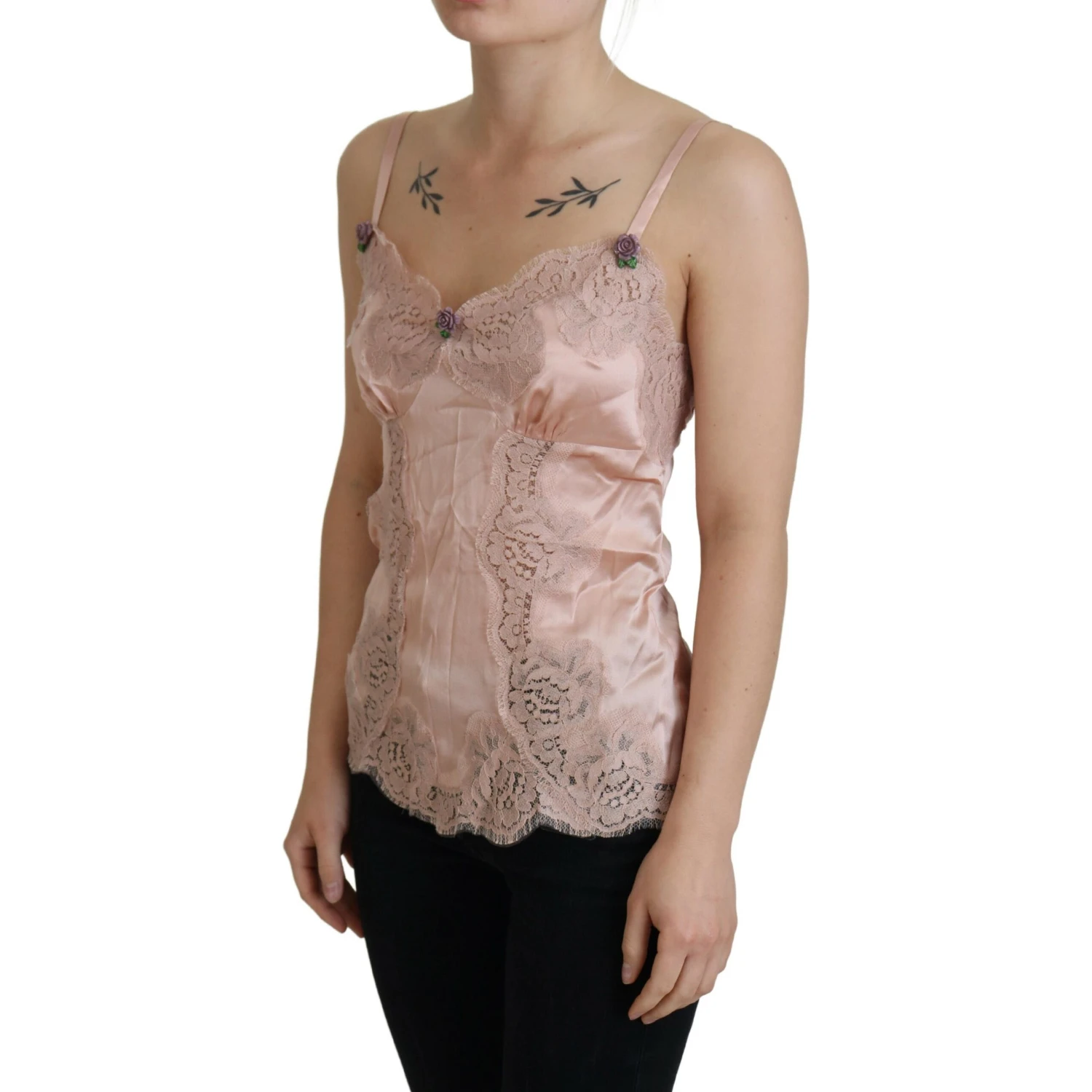 Pink Satin Lace Roses Tank Top Lingerie