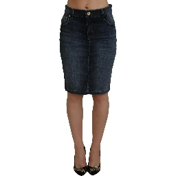 Dark Blue Washed Mid Waist Pencil Cut Denim Skirt