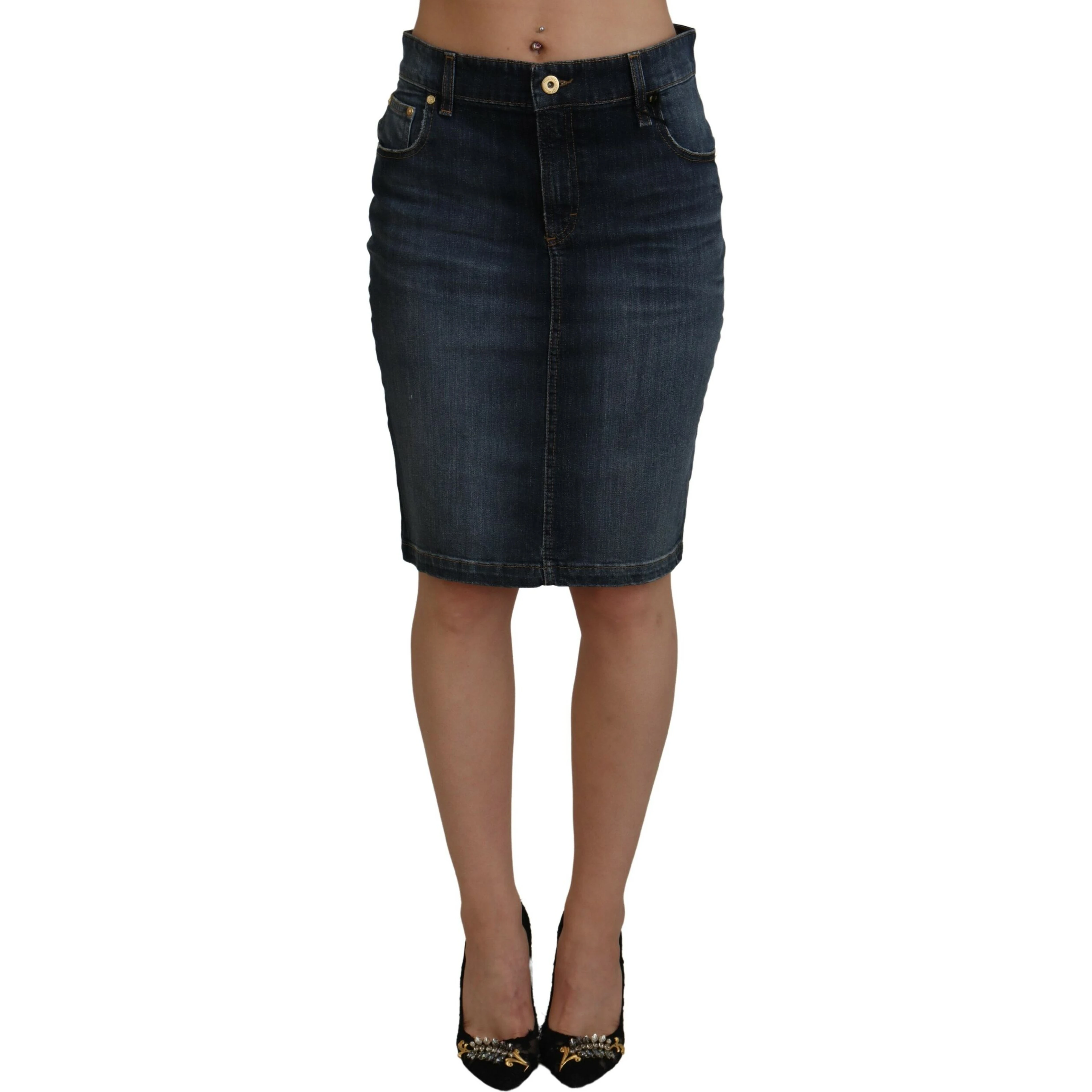 Dark Blue Washed Mid Waist Pencil Cut Denim Skirt