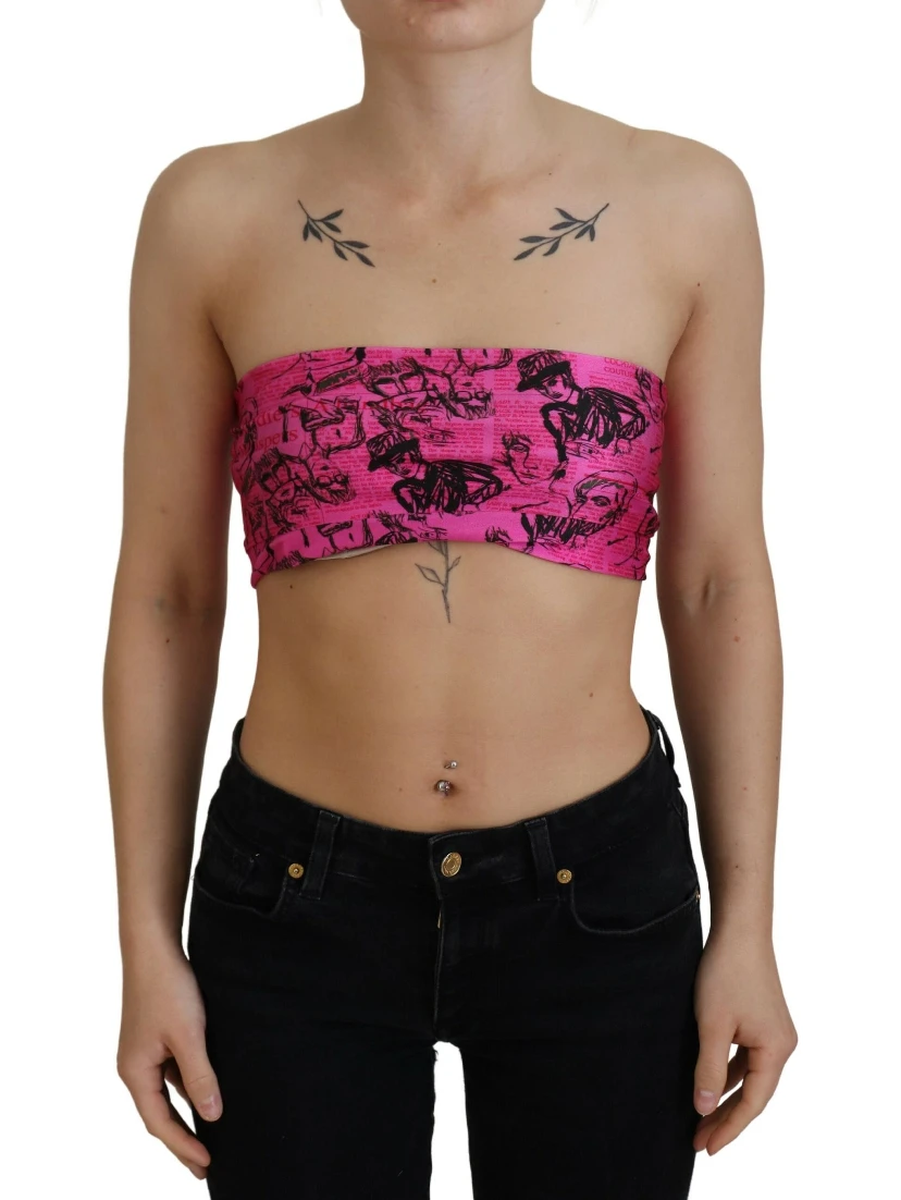 Pink Newspaper Print Bra Cropped Blouse