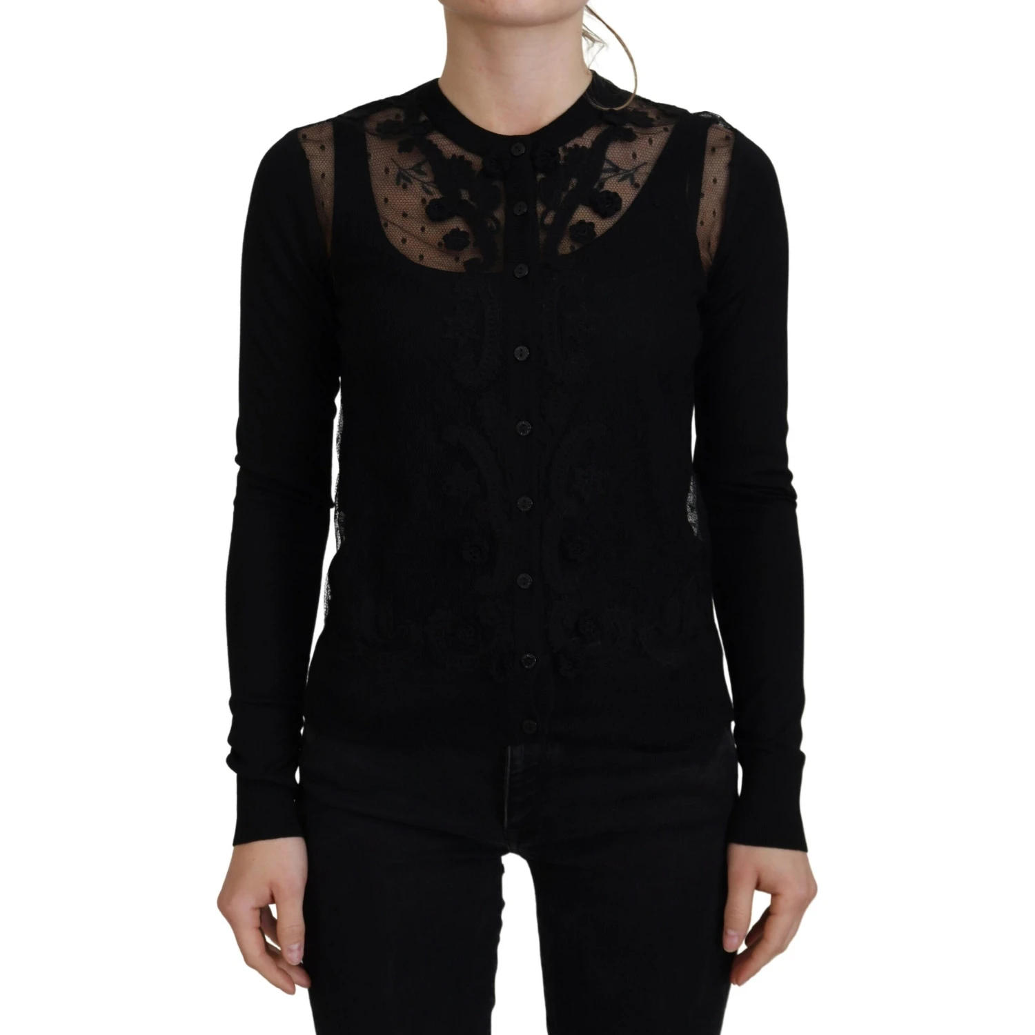 Black Floral Lace Button Cardigan Sweater