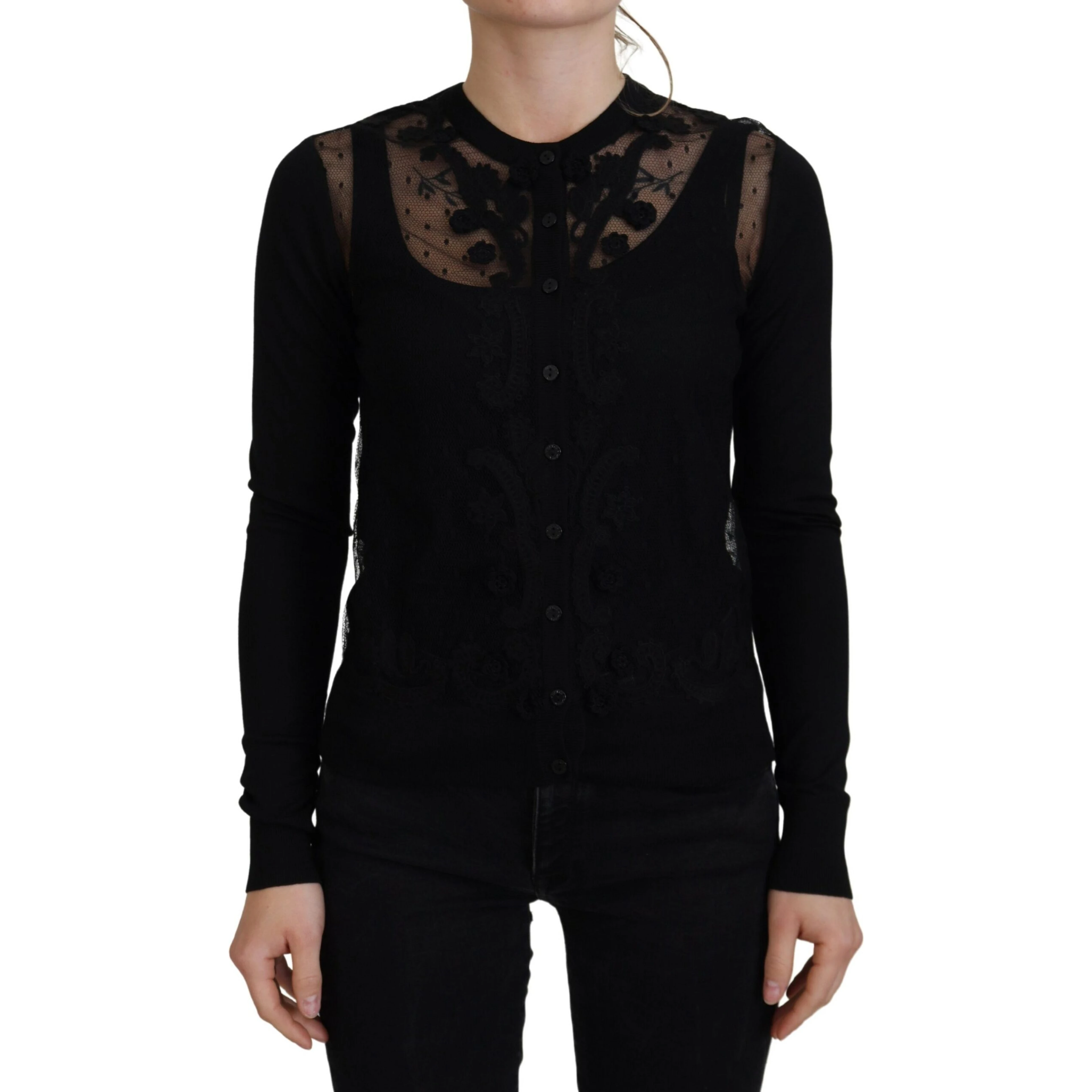 Black Floral Lace Button Cardigan Sweater