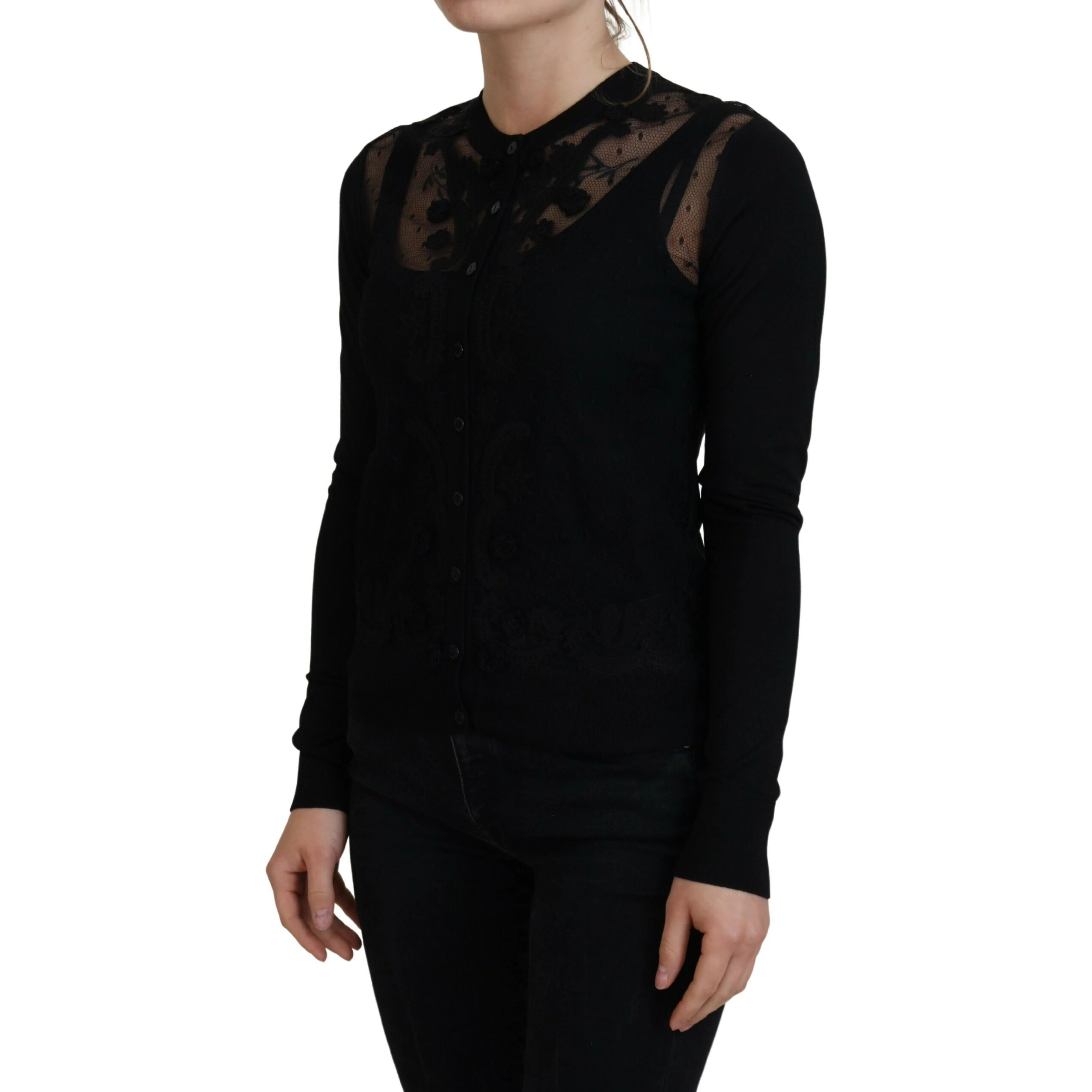 Black Floral Lace Button Cardigan Sweater