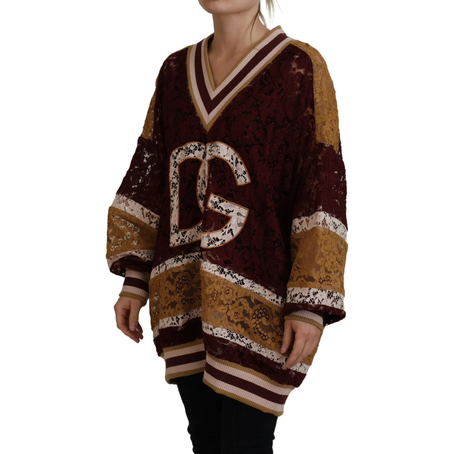 Multicolor Lace V-neck Pullover Sweater