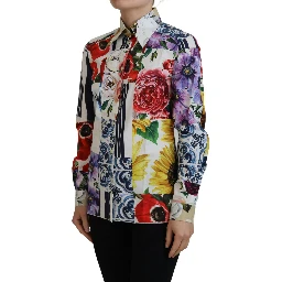 Multicolor Floral Cotton Collared Blouse Top