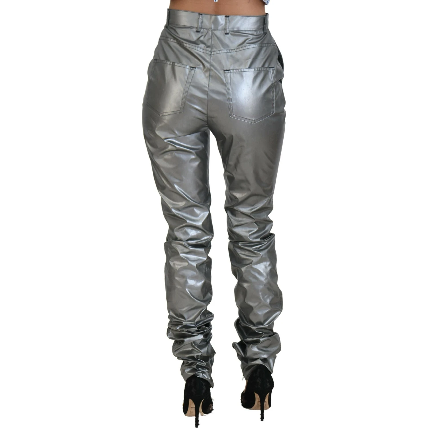 Metallic Silver High Waist Skinny Pants