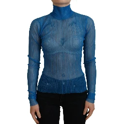 Blue Mesh Turtleneck Long Sleeve Blouse Top