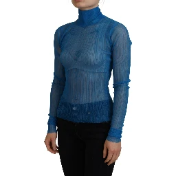 Blue Mesh Turtleneck Long Sleeve Blouse Top