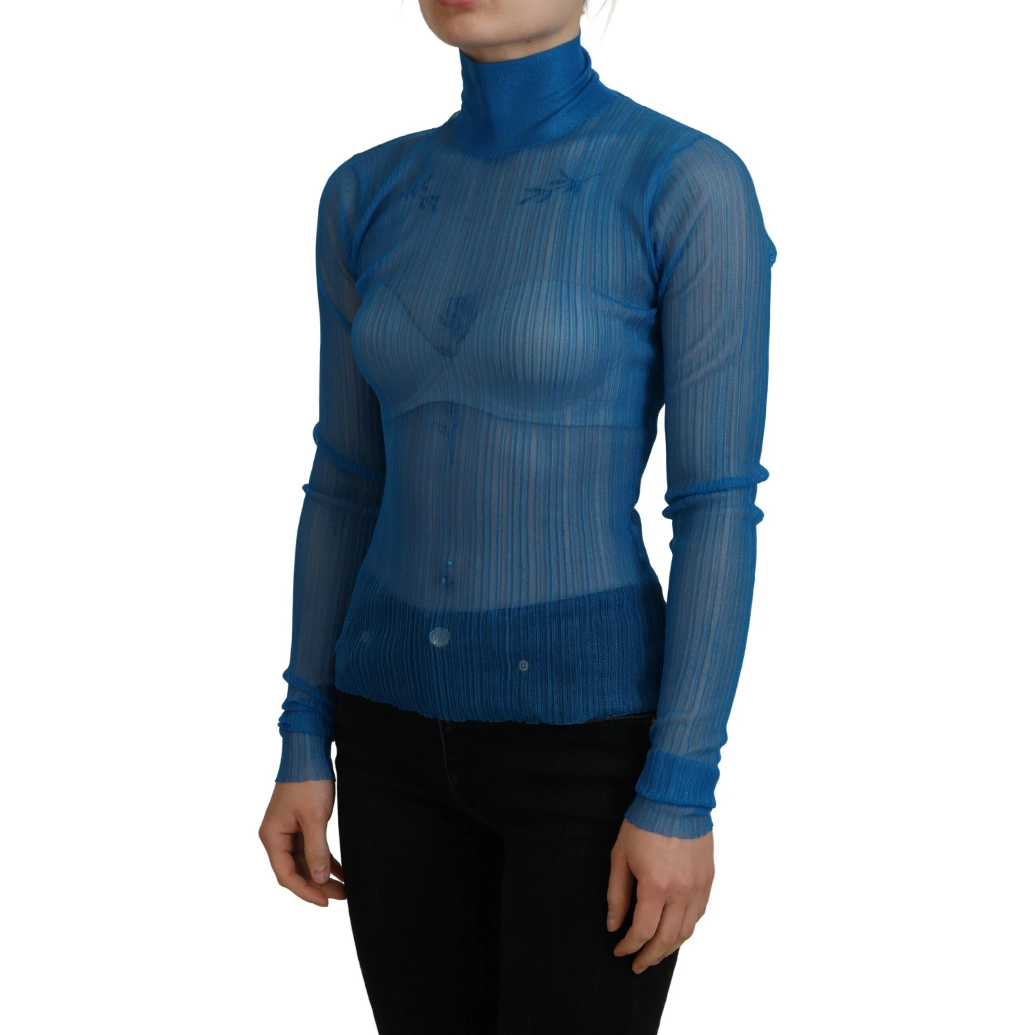 Blue Mesh Turtleneck Long Sleeve Blouse Top