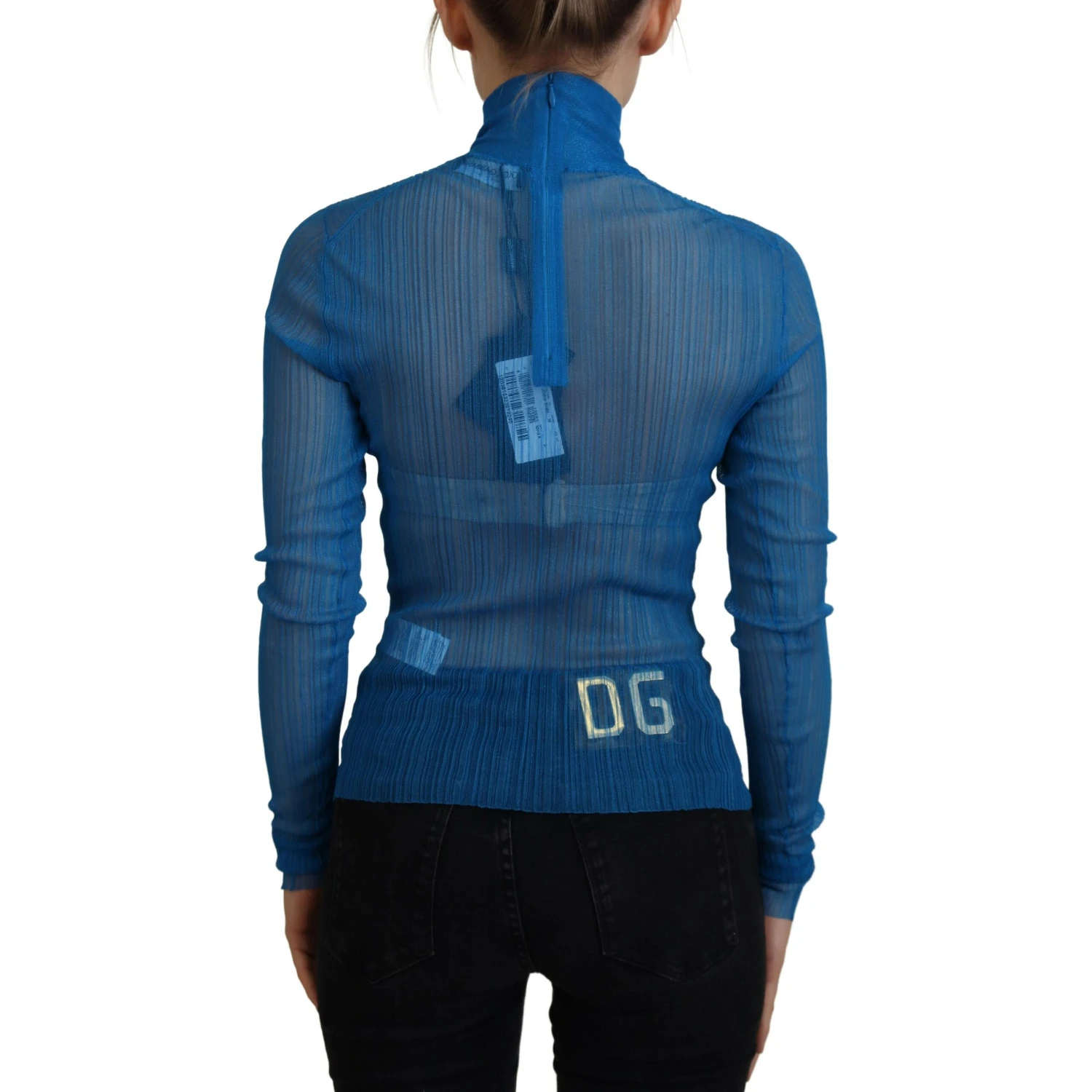 Blue Mesh Turtleneck Long Sleeve Blouse Top
