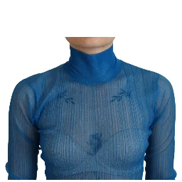 Blue Mesh Turtleneck Long Sleeve Blouse Top