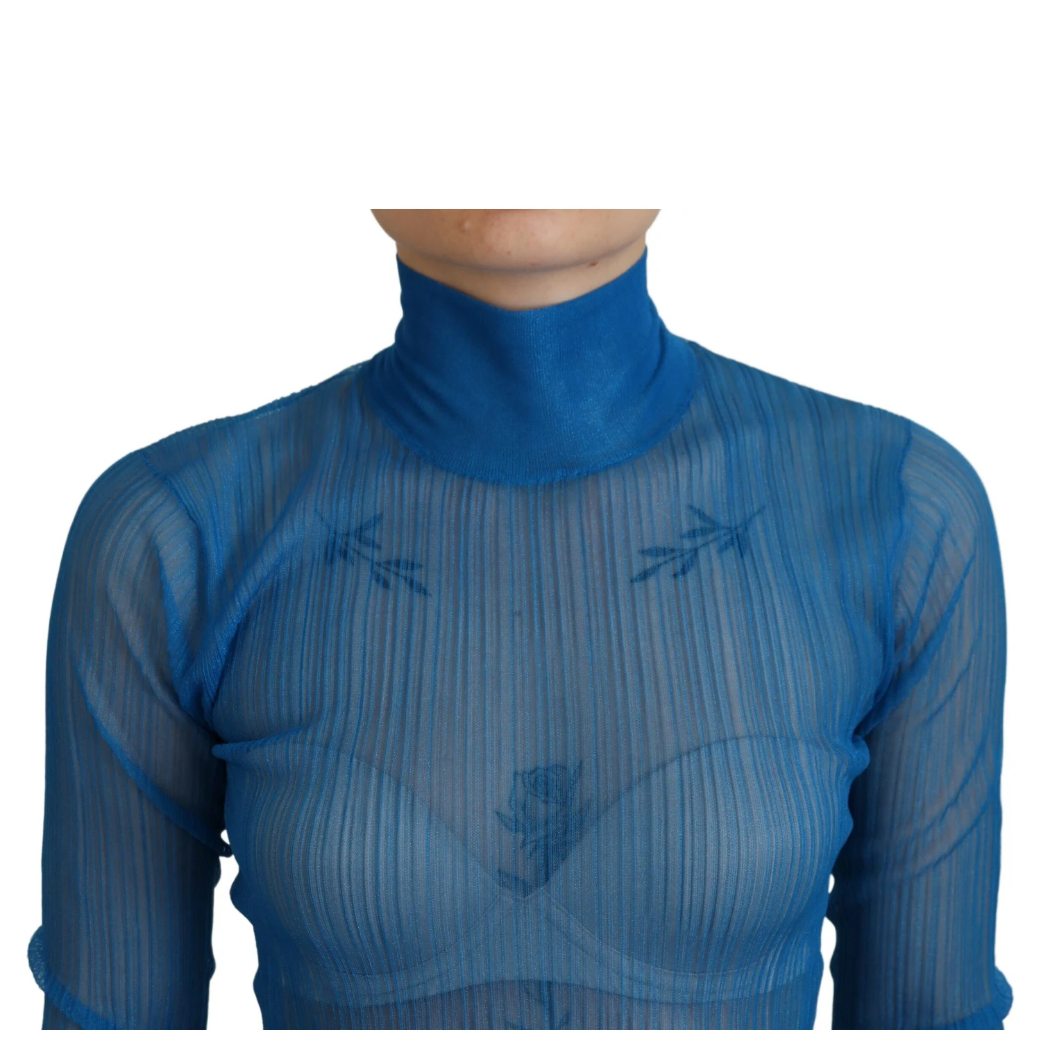 Blue Mesh Turtleneck Long Sleeve Blouse Top