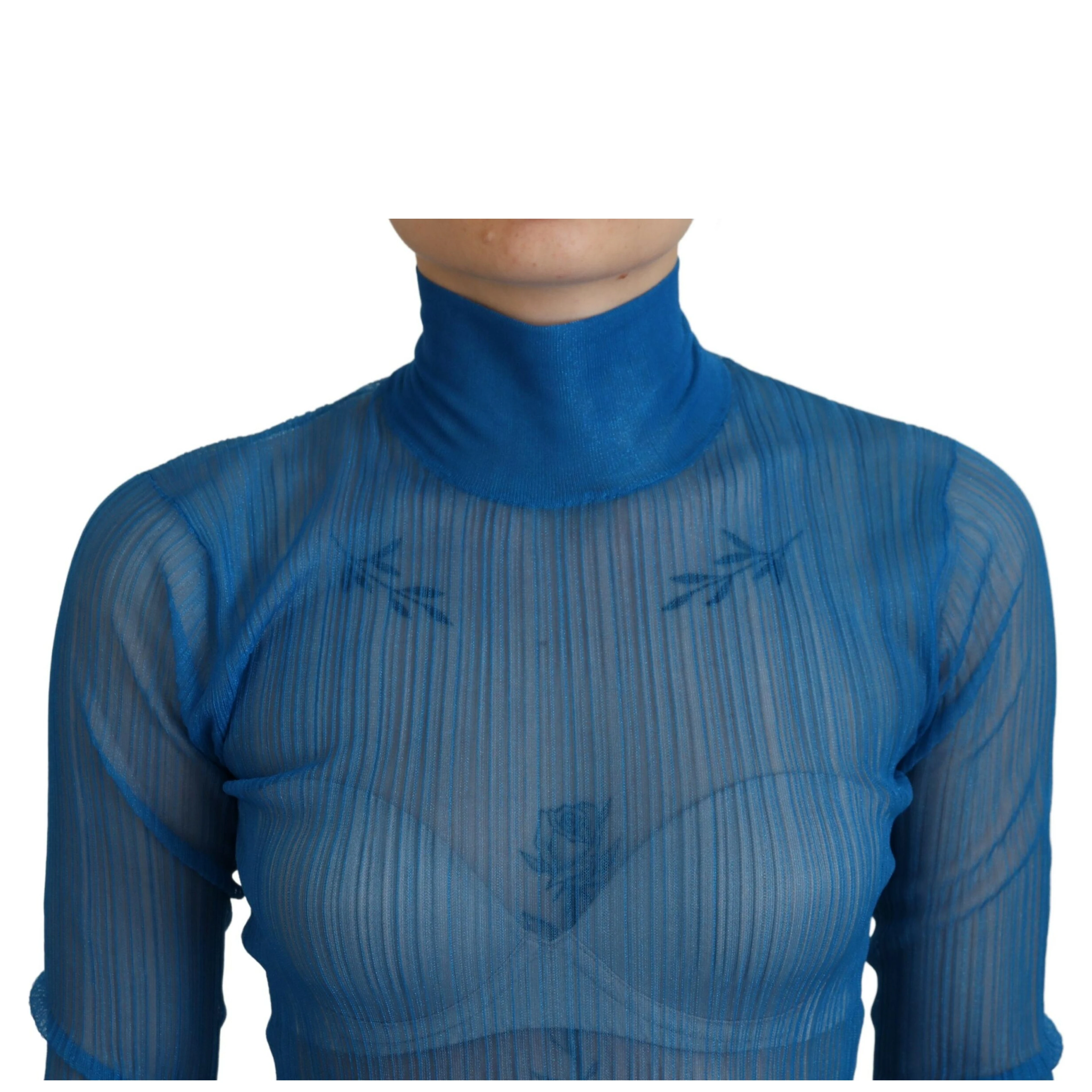 Blue Mesh Turtleneck Long Sleeve Blouse Top